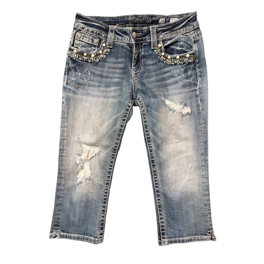 Miss Me Capri Womens 28 Signature JP7287P Blue Distressed Embellished Denim